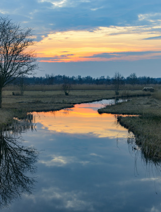 Atardecer reflejado en un río tranquilo en el campo de un parque vacacional con alojamiento glamping.