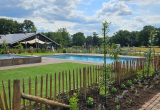 Außenbereich in der Nähe von Mander, Overijssel, Niederlande mit Pool, Grünfläche und Holzhaus.