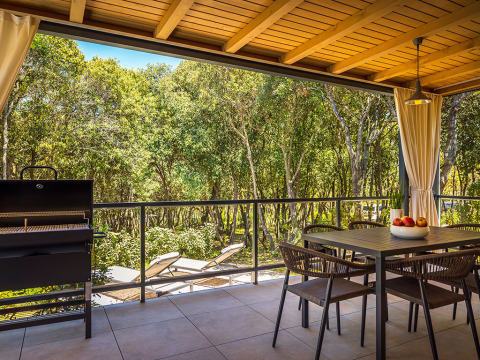 Buitenterras van Sunset Villa met jacuzzi op Valamar Camping Istra, Kroatië, met barbecue en boszicht.