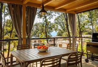 Overdekt terras bij een lodge met eettafel, stoelen, gordijnen en uitzicht op caravans in een groene omgeving.