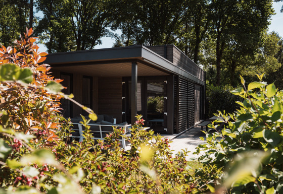 Cabaña moderna rodeada de abundante vegetación y árboles, con terraza soleada y zona de descanso exterior.
