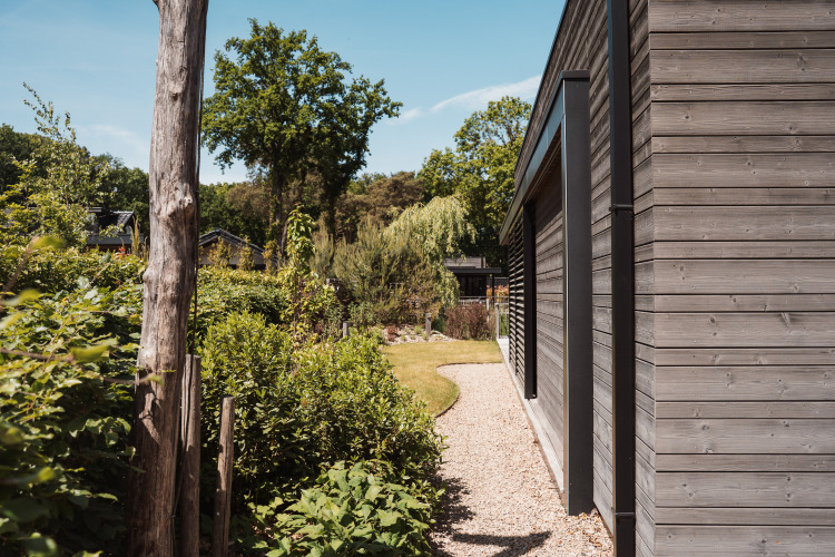 Gravel path beside a modern wooden lodge surrounded by green shrubs, trees, and a sunny garden view.