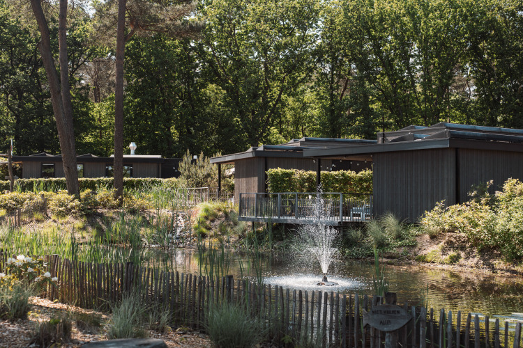 Eine ruhige Lodge im Grünen, umgeben von Bäumen und Teichen mit Springbrunnen im Vordergrund.