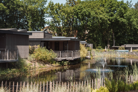 Cabañas de madera junto a un estanque con fuentes, rodeadas de vegetación y árboles en verano.
