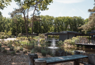 Außenaufnahme einer Lodge mit Holzhütten, Teich, Springbrunnen und grünem Wald im Hintergrund.