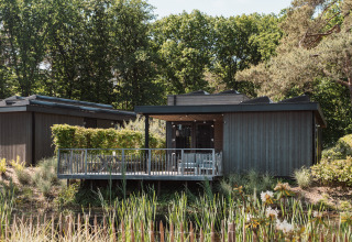 Moderne lodge med træfacade, stor terrasse og udsigt over sø med siv og omkringliggende skov.