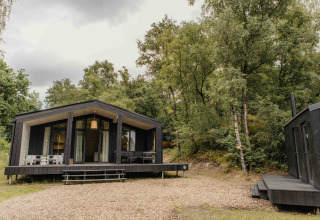 Zwart tiny house met veranda in een bos bij Wilsumer Berge, Duitsland, The Hills met hot tub en sauna.