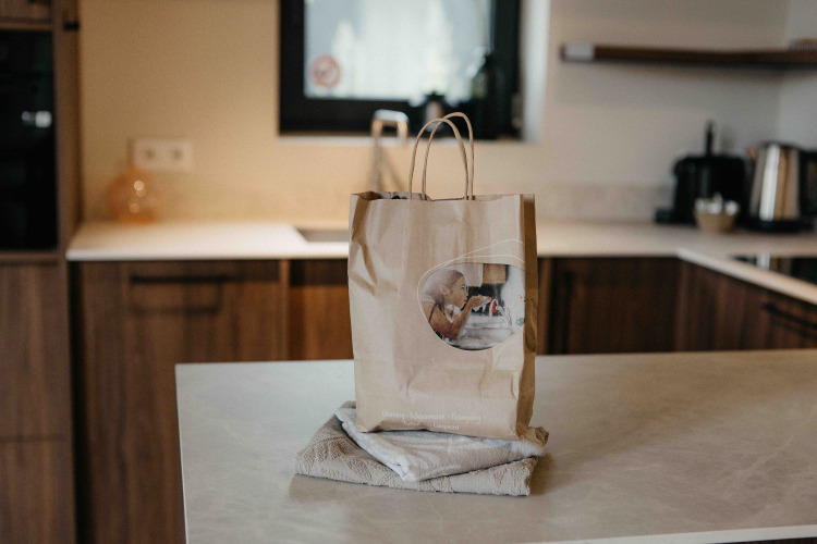 Bolsa de papel y toalla sobre una encimera en la cocina de un alojamiento glamping moderno.