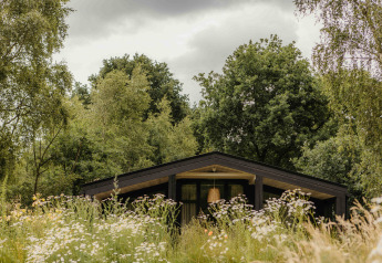 Glamping-verblijf verscholen in de natuur, omgeven door wilde bloemen en bomen onder een bewolkte lucht.