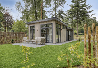 Moderne lodge med store vinduer og terrasse med siddepladser, omgivet af grøn græsplæne og træer.