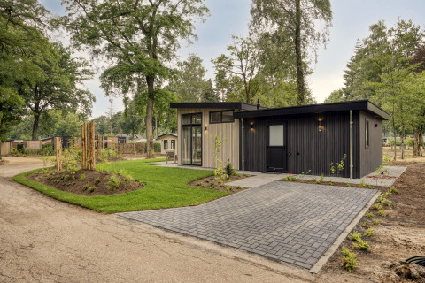 Moderne lodge met donkere gevel en grote ramen, omringd door bomen en een goed onderhouden grasveld.