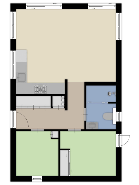 Plan du lodge Heidehof 5 personnes à Bospark Ede, Pays-Bas, montrant cuisine, salle de bain et chambres.