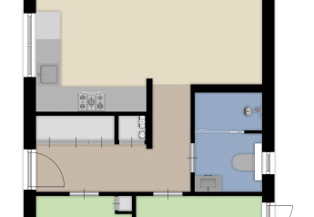 Floor plan of Heidehof 5 persons lodge at Bospark Ede, Netherlands, showing kitchen, bathroom and rooms.