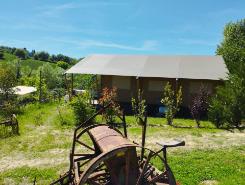 Safari tent with roof and lush greenery at Camping Suasa in Italy, under a sunny sky and rural landscape.