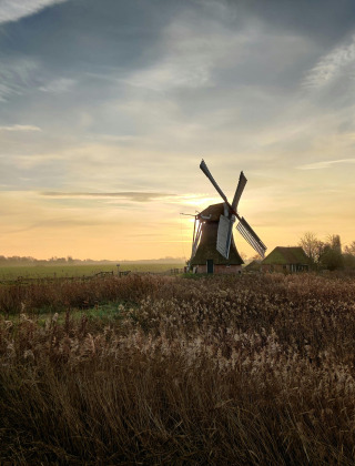 Paesaggio con mulino a vento vicino a Opende, Groningen, Paesi Bassi, al tramonto nei campi.