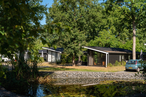 Cabañas de vacaciones y coche junto a un estanque en Bospark Markelo, rodeados de árboles en Overijssel, Países Bajos.