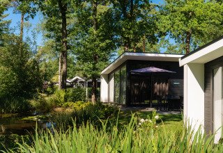 Moderne vakantiehuizen in Bospark Markelo, Overijssel, Nederland, omgeven door bos en een vijver.