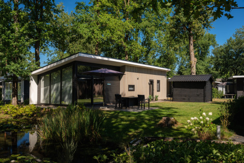 Casa vacanze moderna a Bospark Markelo, Overijssel, Paesi Bassi, circondata da alberi e uno stagno.