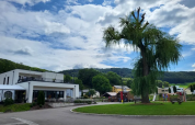 Camping Gritt holiday park in Diekirch, Luxembourg, with modern buildings, a large tree and a playground.