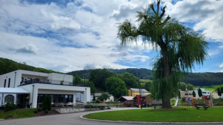 Camping Gritt a Diekirch, Lussemburgo, con edifici moderni, grande albero e parco giochi in una giornata serena.
