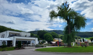 Camping Gritt a Diekirch, Lussemburgo, con edifici moderni, grande albero e parco giochi in una giornata serena.