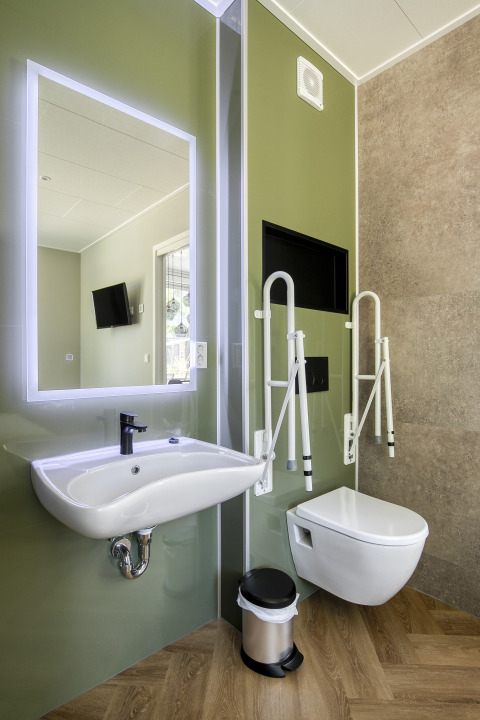 Toegankelijke badkamer met moderne wastafel, hangtoilet en steungrepen bij Veluwehoeve in Bospark Ede.