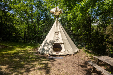 Un tipi sin baños está instalado en un claro del bosque, rodeado de árboles verdes y un banco de madera.