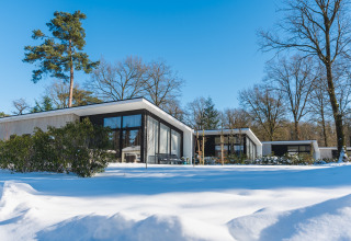 Modern cabins at Bospark Markelo holiday park in snowy Overijssel, Netherlands, surrounded by trees.