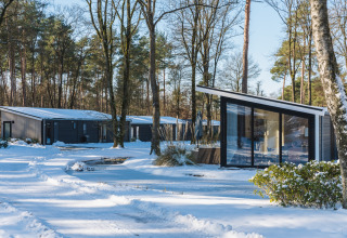 Chalets modernes à Bospark Markelo, Overijssel, Pays-Bas, entourés de forêt enneigée en hiver.