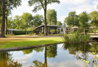 Moderne vakantiehuizen aan een vijver tussen bomen in Bospark Markelo, Overijssel, Nederland.