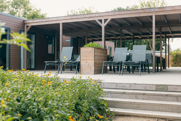 Terrasse einer Lodge mit Holzüberdachung, Sonnenliegen, Tischen und gelben Blumen im Vordergrund.