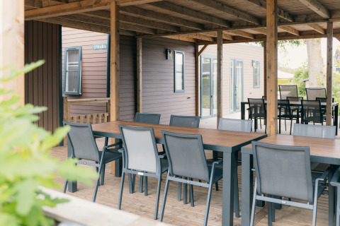 Udendørs spiseområde med borde og stole under overdækket terrasse ved Family lodge i De Boshoek, Holland.