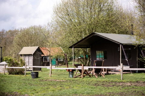 Safari-Zelt Tent Cottage mit privater Dusche und Hot Tub, draußen auf einer grünen Wiese mit Bäumen.