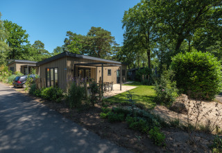Udendørs billede af Loevestein Comfort lodge med moderne træfacade, terrasse og grønne omgivelser.