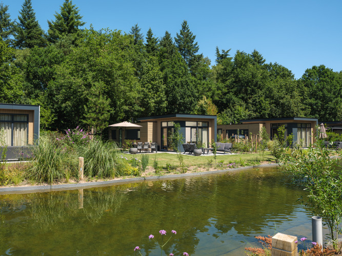 Moderne Lodges am Teich mit Terrasse im Grünen bei Veluwepark de Bosgraaf, Cannenburch, Niederlande.