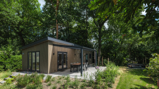 Modern Loevestein Deluxe lodge at Veluwepark de Bosgraaf, surrounded by lush greenery and tall trees.