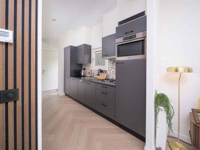 Moderne Küche im Loevestein Deluxe, Veluwepark de Bosgraaf, mit dunklen Schränken und goldener Stehlampe.