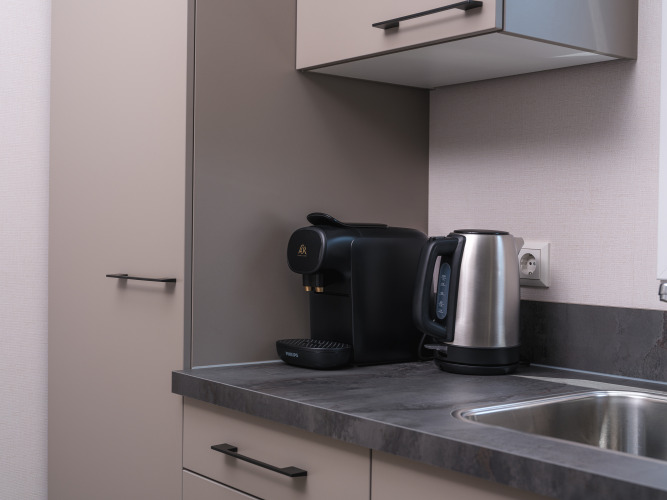 Moderne tekøkken med elkedel og kaffemaskine på bordpladen ved siden af en rustfri stålvask i lodge.