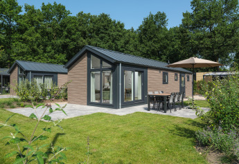 Modern Doornenburg Lodge at Veluwepark de Bosgraaf in the Netherlands, surrounded by lush green nature.