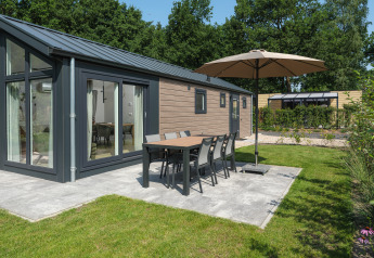 Lodge Doornenburg moderne au Veluwepark de Bosgraaf avec terrasse, table, parasol et jardin verdoyant.