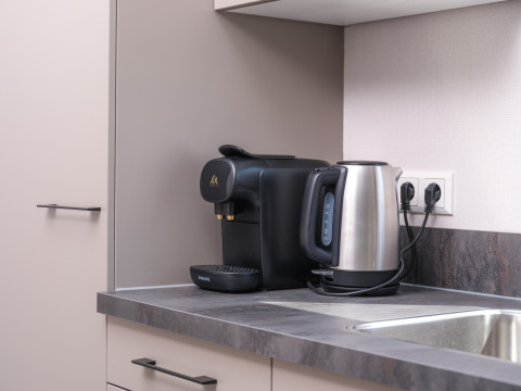 Coin cuisine moderne avec une cafetière Philips et une bouilloire au Doornenburg Lodge Comfort à Veluwepark.