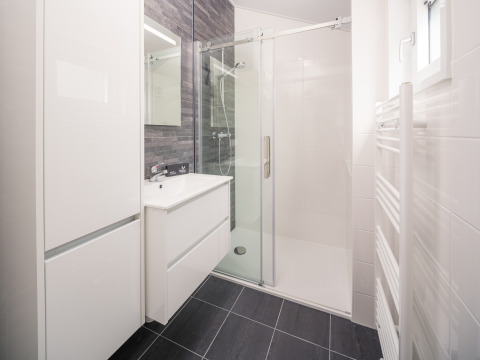 Modern lodge-badkamer met glazen inloopdouche, witte wastafel, opbergkasten en donkere vloertegels.