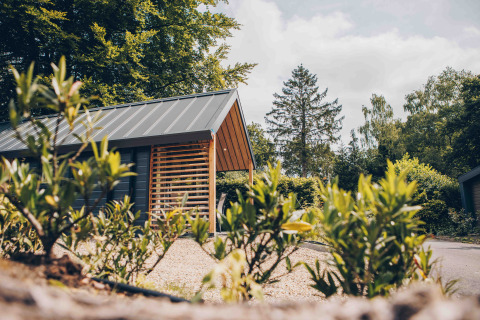 Moderne tiny house Tiny Loft in Veluwepark de Bosgraaf, Nederland, omgeven door bomen en struiken.