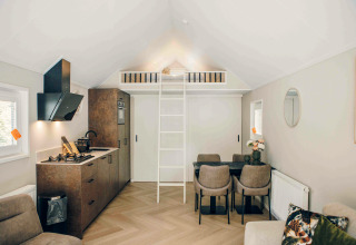 Modern tiny house with a loft bed, compact kitchen, dining area, and cozy decor in light, airy colors.