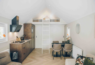 Modern tiny house with a loft bed, compact kitchen, dining area, and cozy decor in light, airy colors.