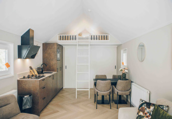 Tiny house moderna con letto soppalcato, cucina compatta, zona pranzo e arredamento accogliente.