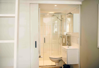 Bright, compact bathroom in a tiny house featuring a shower, toilet, and sink with modern white decor.