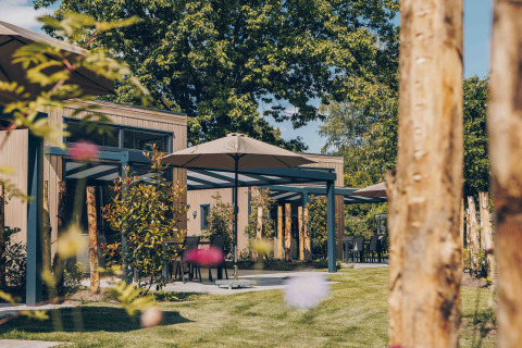 Buitenruimte van een lodge met moderne terrassen, parasols, groen en hoge bomen onder een blauwe lucht.