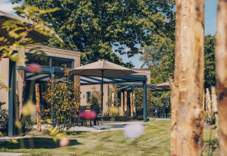 Außenbereich einer Lodge mit modernen Terrassen, Sonnenschirmen und viel Grün unter großen Bäumen.