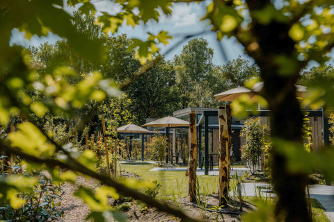 Groene tuinzone met moderne lodges, parasols en bomen bij Reeëndal Lodge Comfort met Hottub in Nederland.